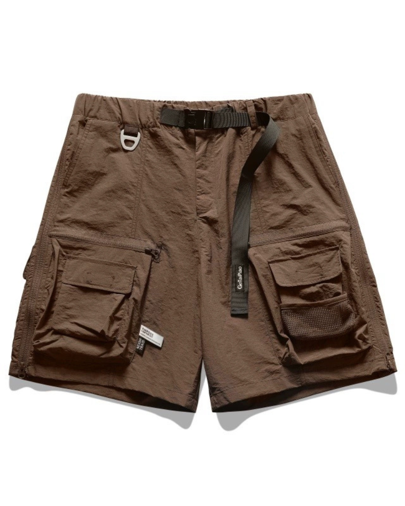 Brown cargo shorts with multiple pockets on a white background