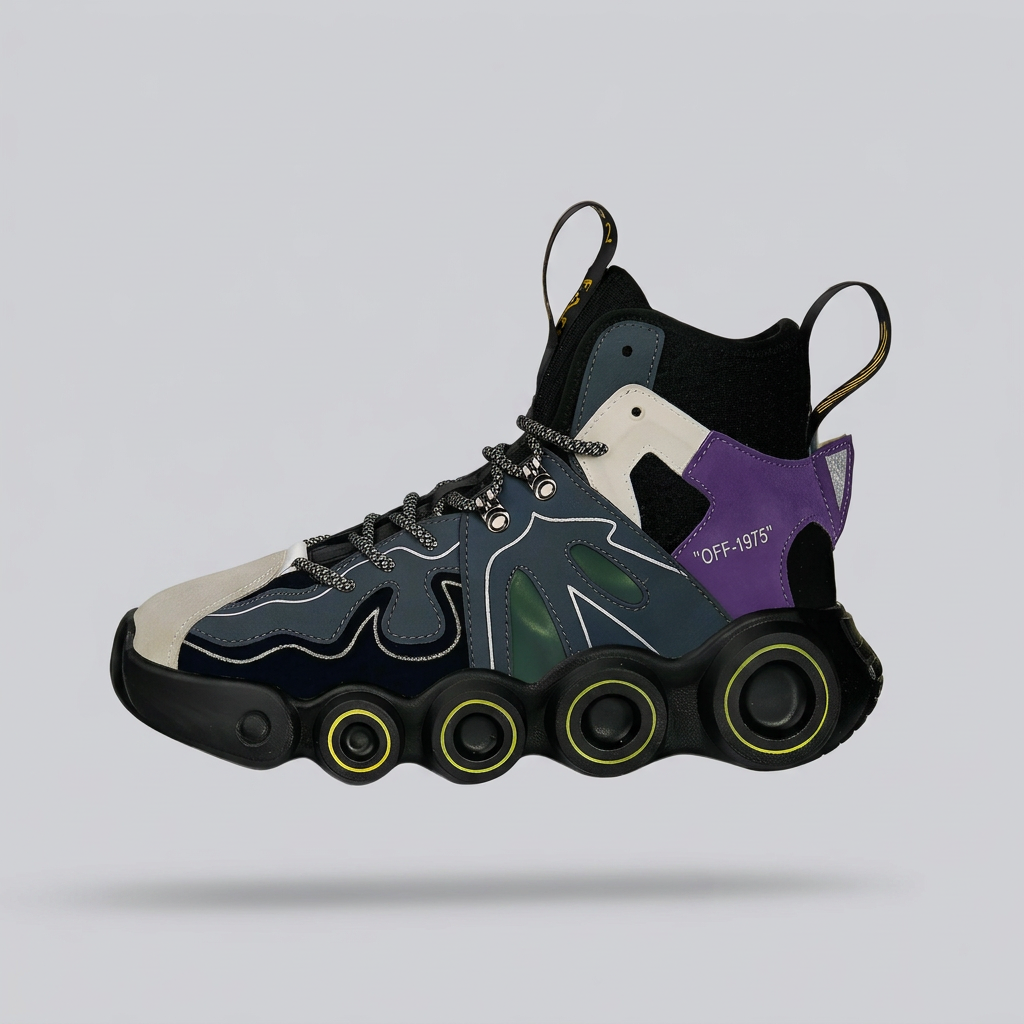 Dark navy and purple reflective wheel-sole sneaker, studio main image