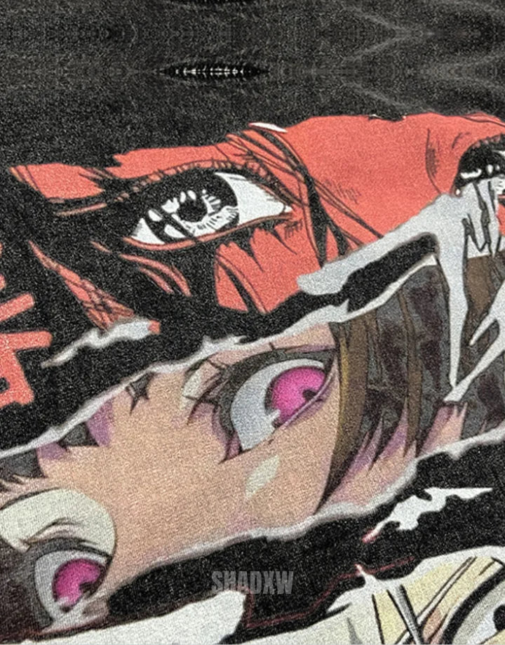Oversized techwear tee featuring a high-contrast neon eye graphic, unisex cut and bold cyberpunk-inspired street styling — view 5