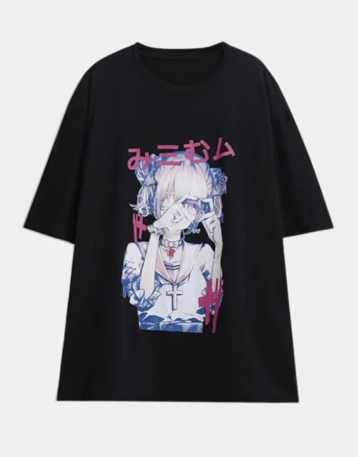Oversized techwear tee with a large illustrated girl motif and kanji accents, presented in a streetwear-informed layered look for urban styling — view 1