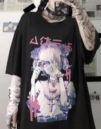 Oversized techwear tee with a large illustrated girl motif and kanji accents, presented in a streetwear-informed layered look for urban styling — view 2