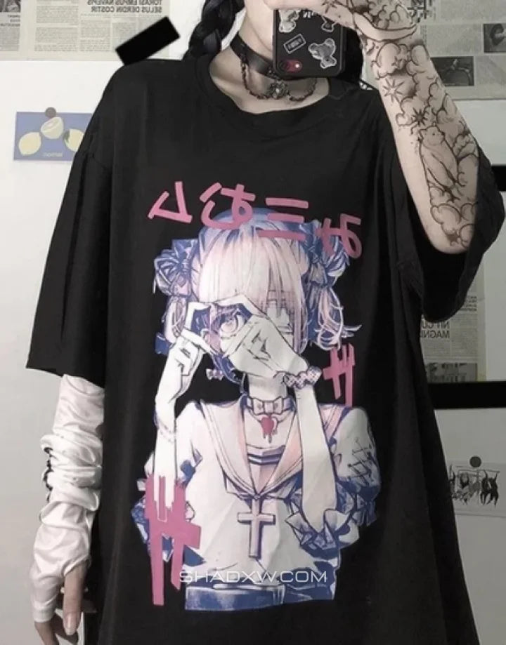 Oversized techwear tee with a large illustrated girl motif and kanji accents, presented in a streetwear-informed layered look for urban styling — view 2
