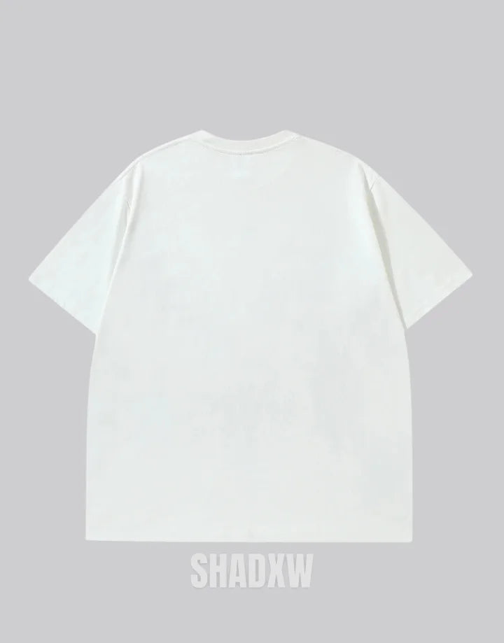 Dual-tone black and white techwear t-shirt with bold chest emblem and clean panel design for modern street layering — view 6