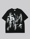 Dual-tone black and white techwear t-shirt with bold chest emblem and clean panel design for modern street layering — view 1