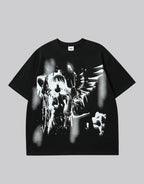 Dual-tone black and white techwear t-shirt with bold chest emblem and clean panel design for modern street layering — view 1