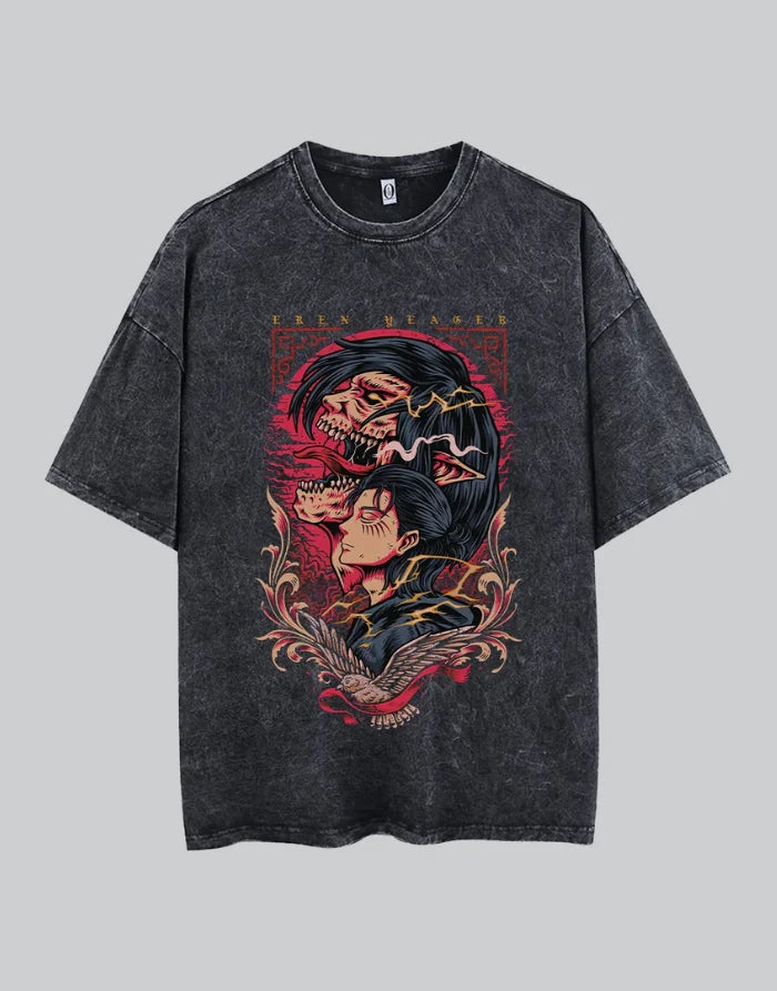 Oversized black techwear t-shirt with distressed monochrome sigil graphic and washed, urban-futurist finish — view 1
