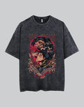 Oversized black techwear t-shirt with distressed monochrome sigil graphic and washed, urban-futurist finish — view 1
