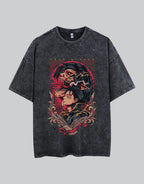 Oversized black techwear t-shirt with distressed monochrome sigil graphic and washed, urban-futurist finish — view 1