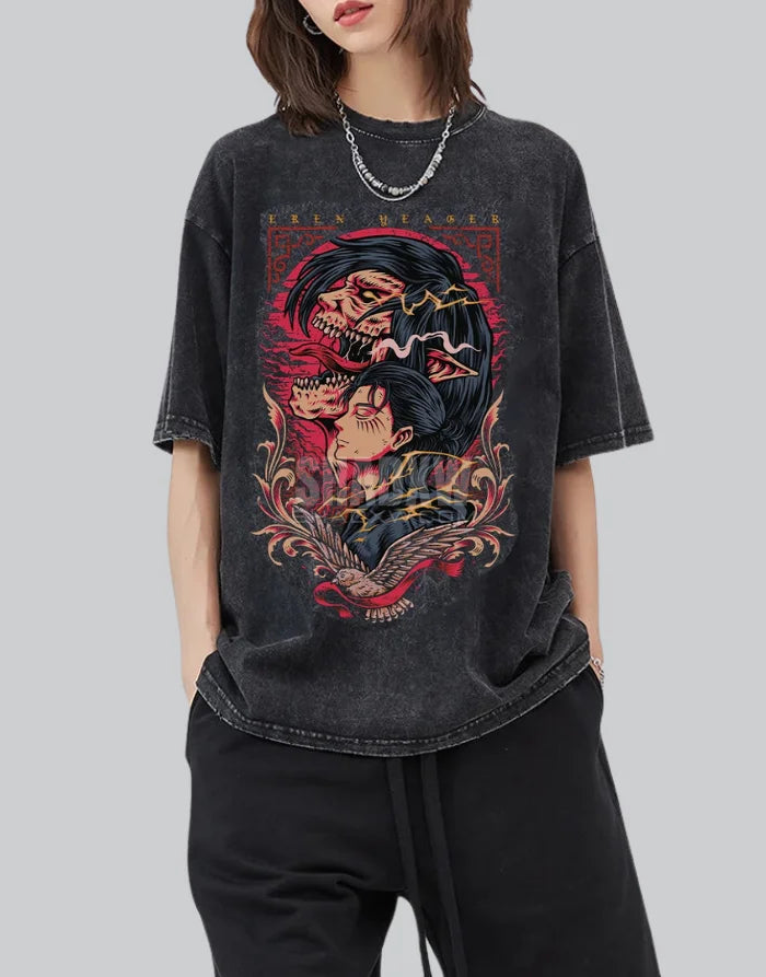 Oversized black techwear t-shirt with distressed monochrome sigil graphic and washed, urban-futurist finish — view 2