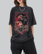 Oversized black techwear t-shirt with distressed monochrome sigil graphic and washed, urban-futurist finish — view 2