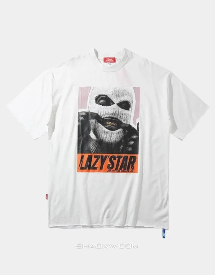 Oversized graphic techwear tee featuring a bold masked emblem and anti-conformist street style cues in contrasting tones — view 3
