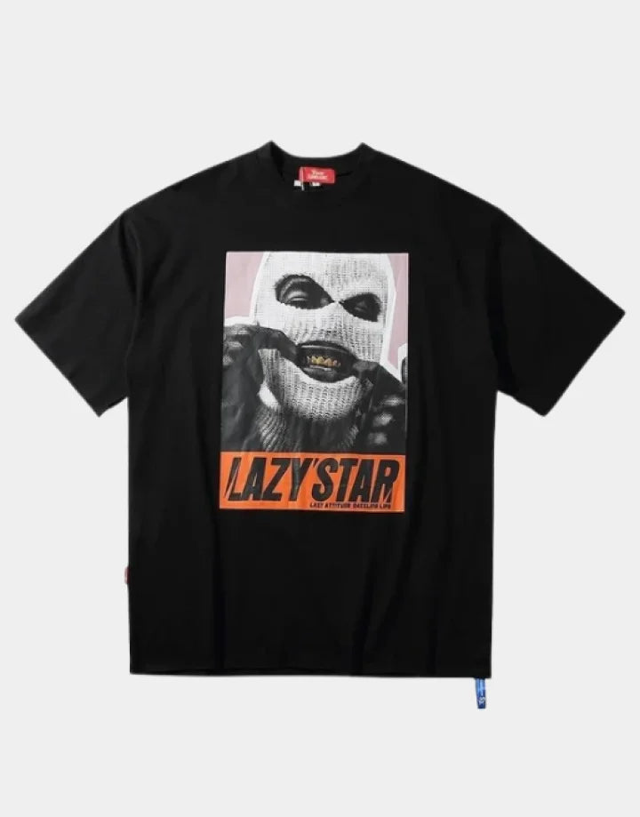 Oversized graphic techwear tee featuring a bold masked emblem and anti-conformist street style cues in contrasting tones — view 1