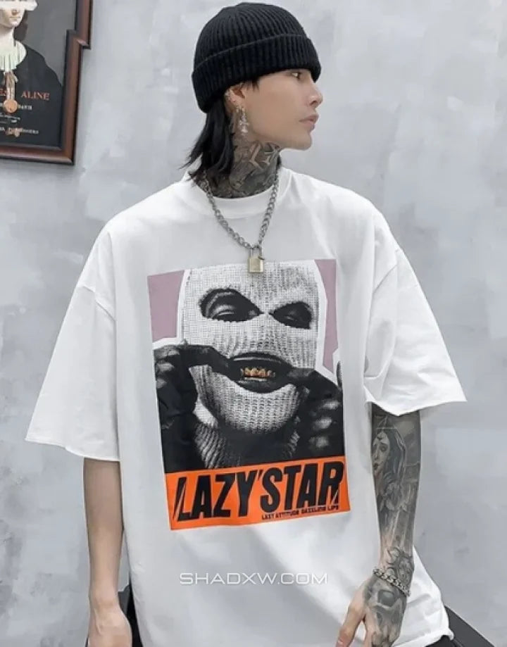 Oversized graphic techwear tee featuring a bold masked emblem and anti-conformist street style cues in contrasting tones — view 6