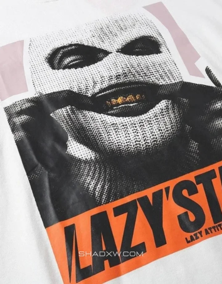Oversized graphic techwear tee featuring a bold masked emblem and anti-conformist street style cues in contrasting tones — view 4