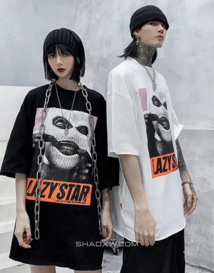 Oversized graphic techwear tee featuring a bold masked emblem and anti-conformist street style cues in contrasting tones — view 5