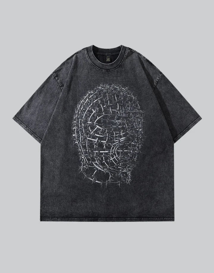 Oversized techwear t-shirt with distressed barbed-wire graphic, muted industrial palette and unisex streetwear styling — view 1