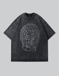 Oversized techwear t-shirt with distressed barbed-wire graphic, muted industrial palette and unisex streetwear styling — view 1