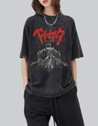 Asymmetric oversized techwear t-shirt with dark bold graphics, uneven hem detail, and gritty urban styling cues — view 2