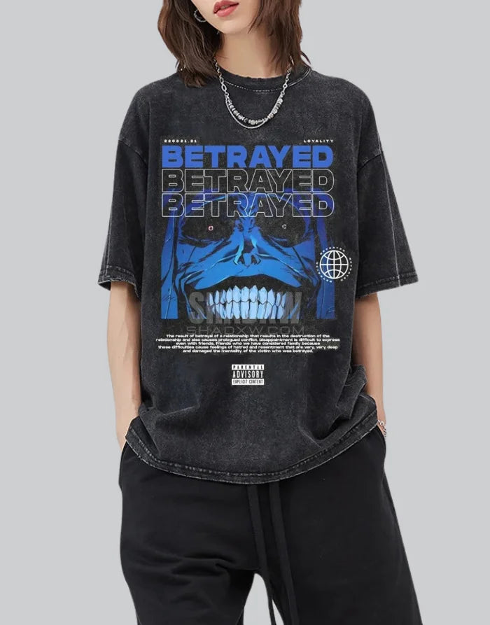 Distressed oversized graphic techwear tee with glitch-style print, washed texture, and bold street-ready design elements — view 2