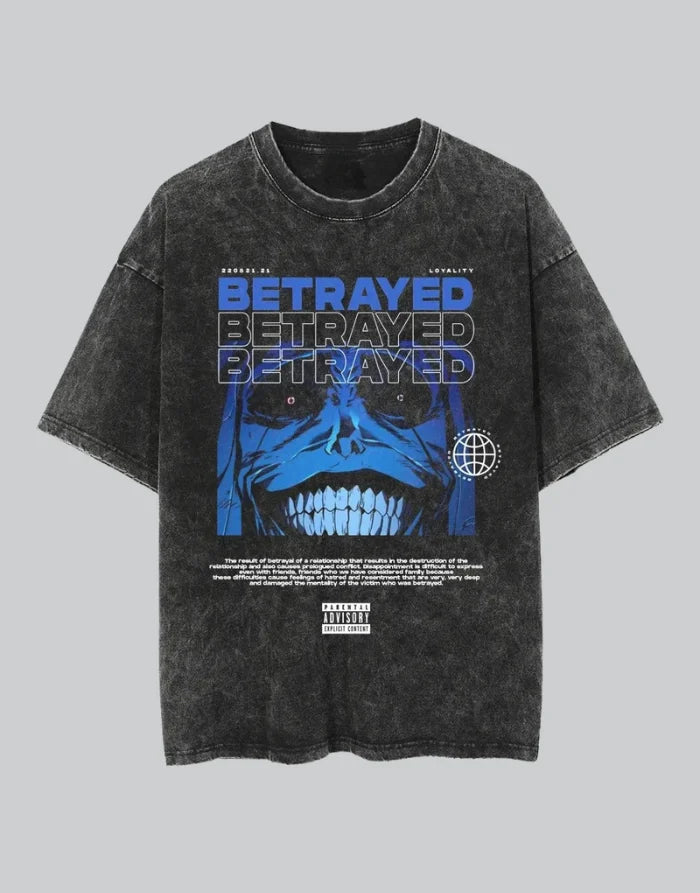 Distressed oversized graphic techwear tee with glitch-style print, washed texture, and bold street-ready design elements — view 1