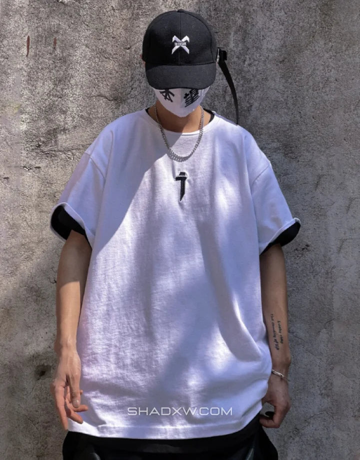 Unisex short-sleeve t-shirt shown in black and white with a prominent industrial-style emblem printed on the back for an urban graphic look — view 7