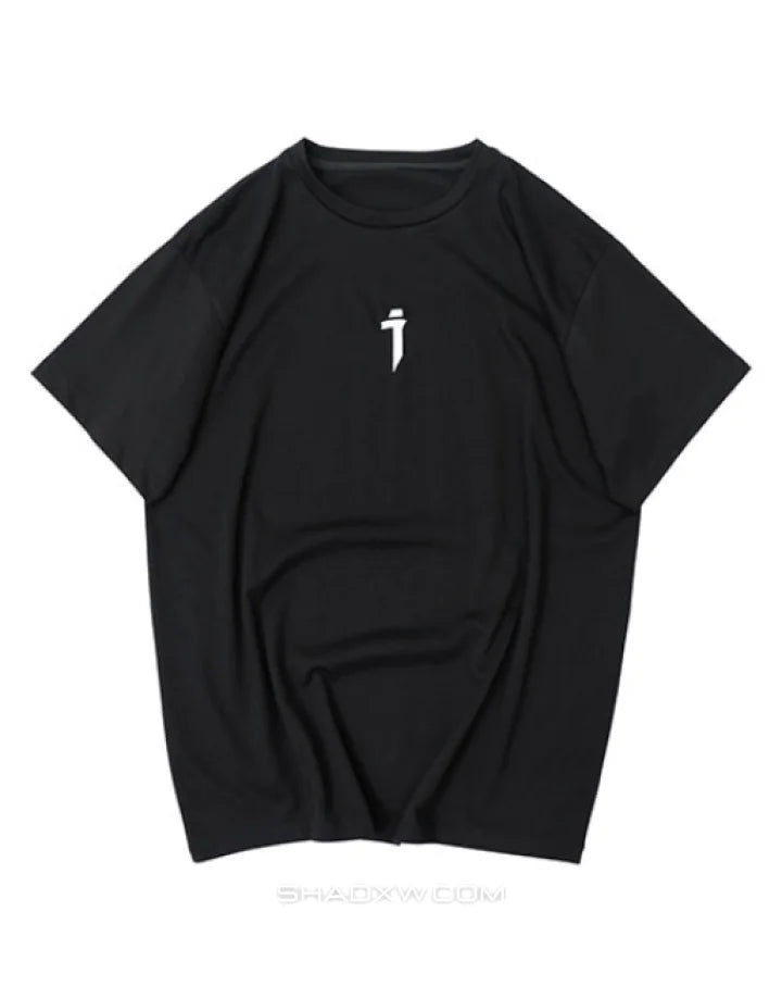 Unisex short-sleeve t-shirt shown in black and white with a prominent industrial-style emblem printed on the back for an urban graphic look — view 4