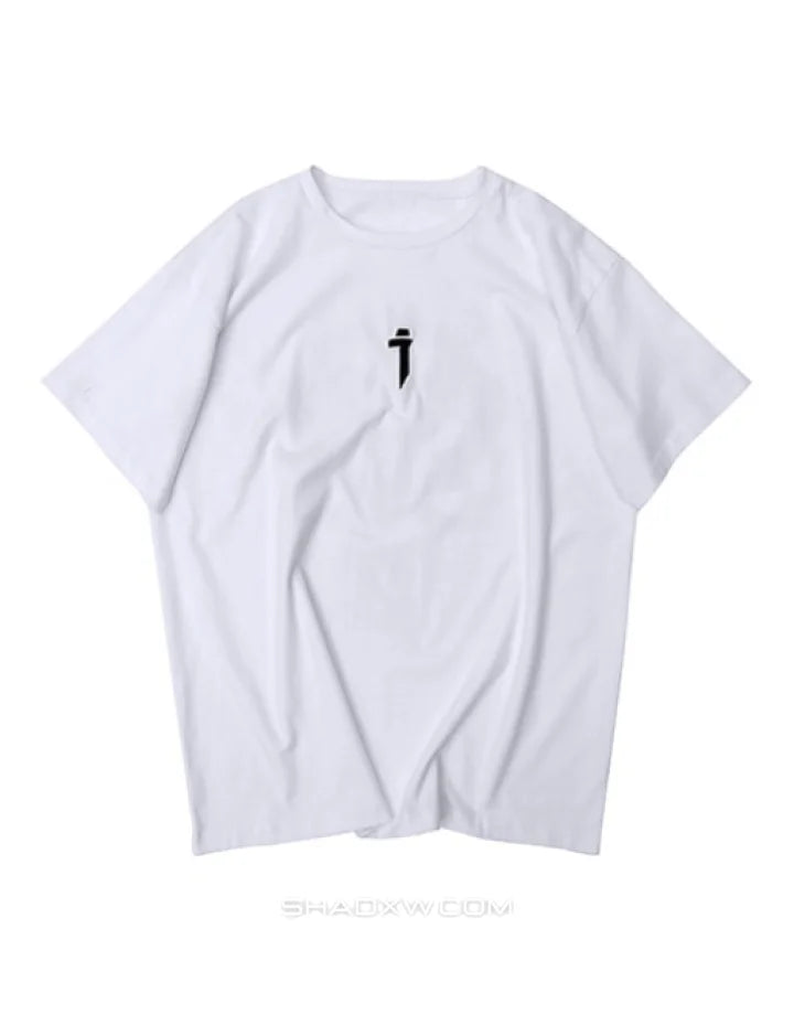 Unisex short-sleeve t-shirt shown in black and white with a prominent industrial-style emblem printed on the back for an urban graphic look — view 5