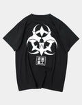 Unisex short-sleeve t-shirt shown in black and white with a prominent industrial-style emblem printed on the back for an urban graphic look — view 1