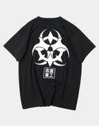 Unisex short-sleeve t-shirt shown in black and white with a prominent industrial-style emblem printed on the back for an urban graphic look — view 1
