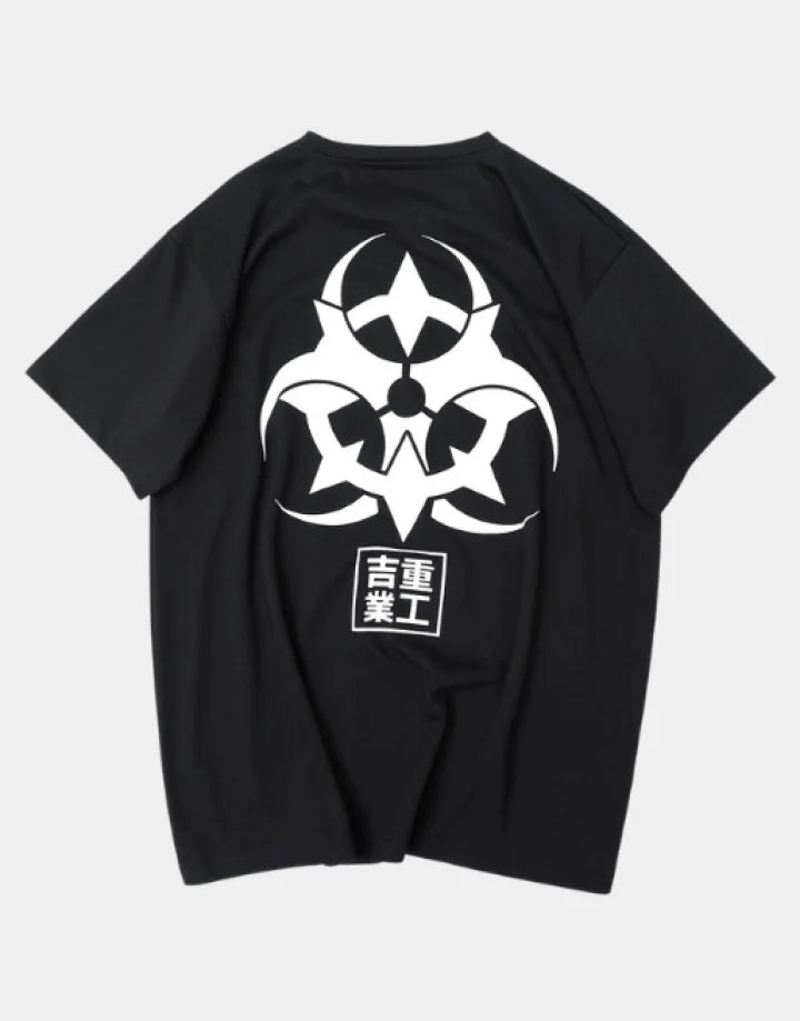 Unisex short-sleeve t-shirt shown in black and white with a prominent industrial-style emblem printed on the back for an urban graphic look — view 1