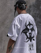 Unisex short-sleeve t-shirt shown in black and white with a prominent industrial-style emblem printed on the back for an urban graphic look — view 6