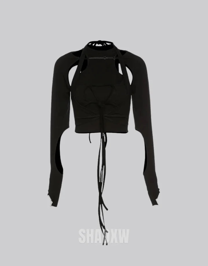 Dark graphic techwear t-shirt with an abstract futuristic print and relaxed urban streetwear silhouette, Clotechnow series 075 — view 2