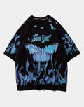 Oversized techwear tee with bold blue wing graphic printed front and back, soft stretch blend and unisex street-inspired silhouette — view 1