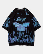 Oversized techwear tee with bold blue wing graphic printed front and back, soft stretch blend and unisex street-inspired silhouette — view 1