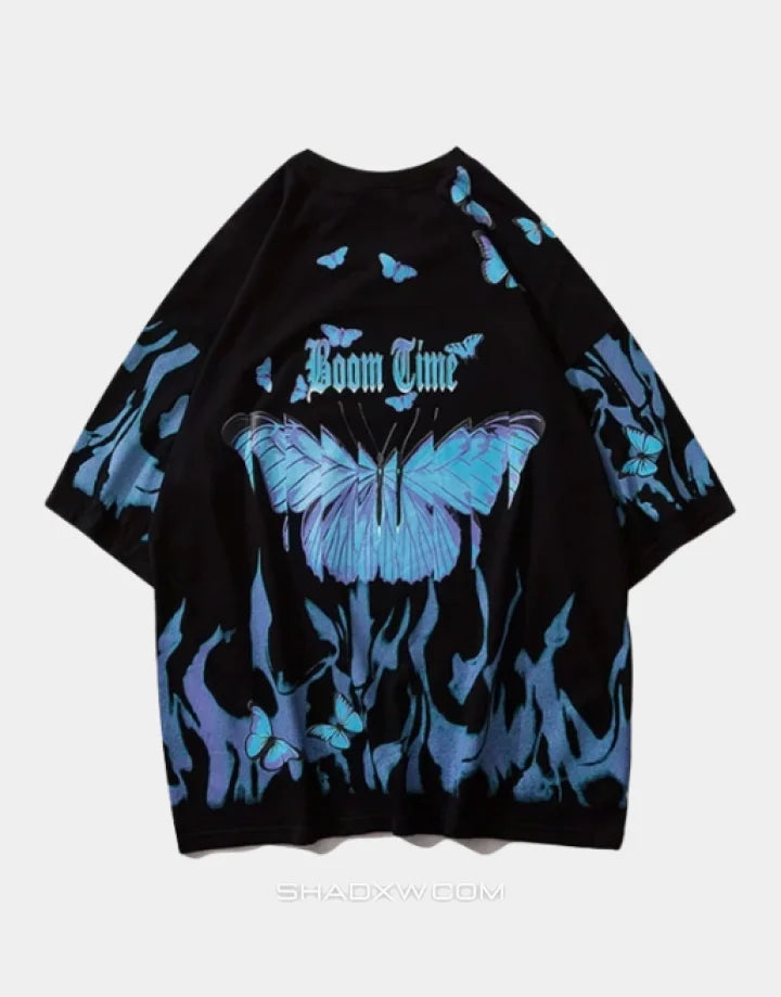 Oversized techwear tee with bold blue wing graphic printed front and back, soft stretch blend and unisex street-inspired silhouette — view 2