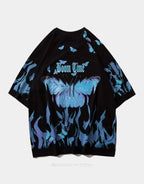 Oversized techwear tee with bold blue wing graphic printed front and back, soft stretch blend and unisex street-inspired silhouette — view 2
