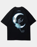 Dark techwear t-shirt with a neon-inspired skull and moon graphic in high-contrast night-ready style for urban outfits — view 1