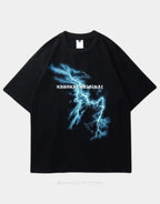 Dark techwear t-shirt with a neon-inspired skull and moon graphic in high-contrast night-ready style for urban outfits — view 2