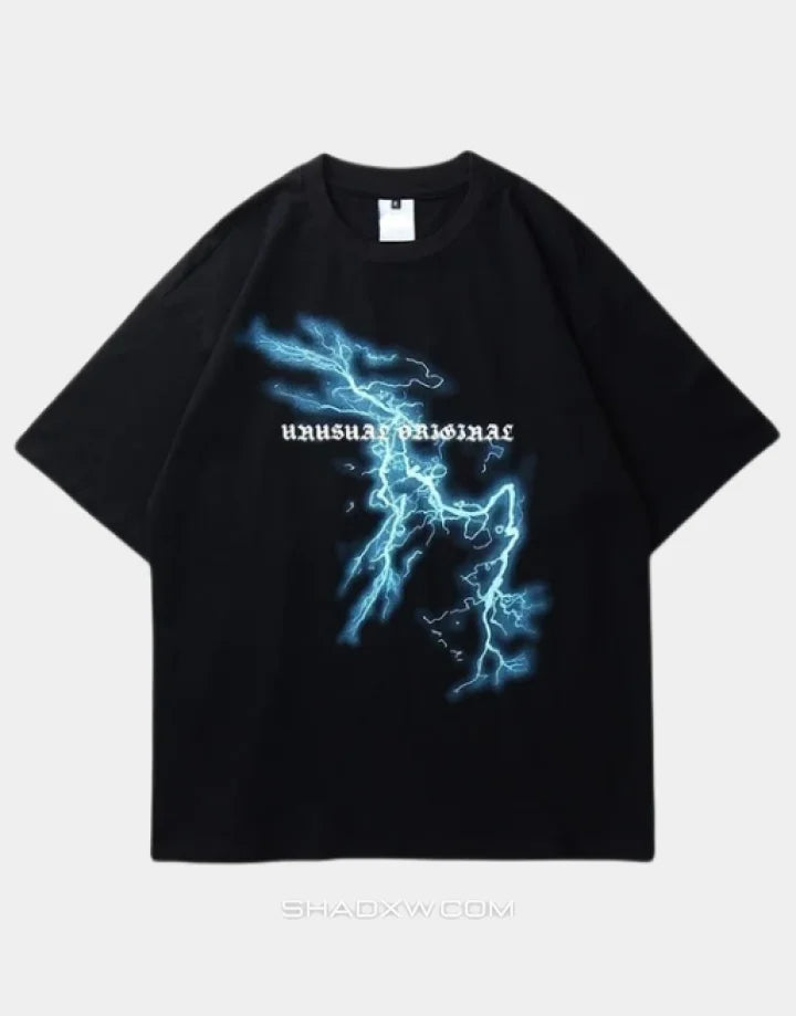 Dark techwear t-shirt with a neon-inspired skull and moon graphic in high-contrast night-ready style for urban outfits — view 2