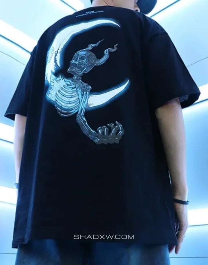 Dark techwear t-shirt with a neon-inspired skull and moon graphic in high-contrast night-ready style for urban outfits — view 5