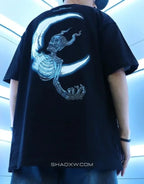Dark techwear t-shirt with a neon-inspired skull and moon graphic in high-contrast night-ready style for urban outfits — view 5