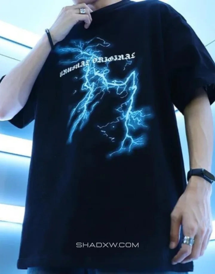 Dark techwear t-shirt with a neon-inspired skull and moon graphic in high-contrast night-ready style for urban outfits — view 4