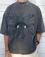 Dark graphic techwear t-shirt with an abstract futuristic print and relaxed urban streetwear silhouette, Clotechnow series 107 — view 2