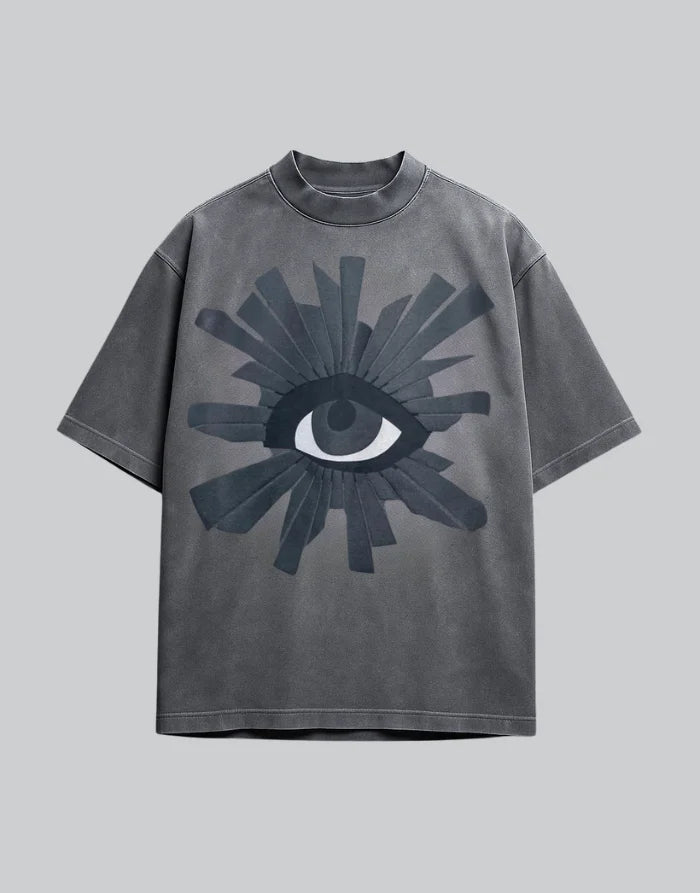 Dark graphic techwear t-shirt with an abstract futuristic print and relaxed urban streetwear silhouette, Clotechnow series 107 — view 1