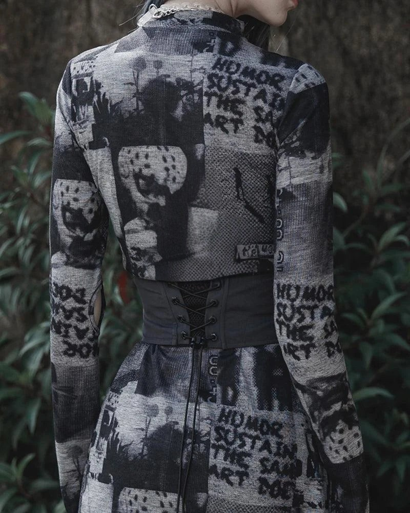 Dark graphic techwear t-shirt with an abstract futuristic print and relaxed urban streetwear silhouette, Clotechnow series 100 — view 9