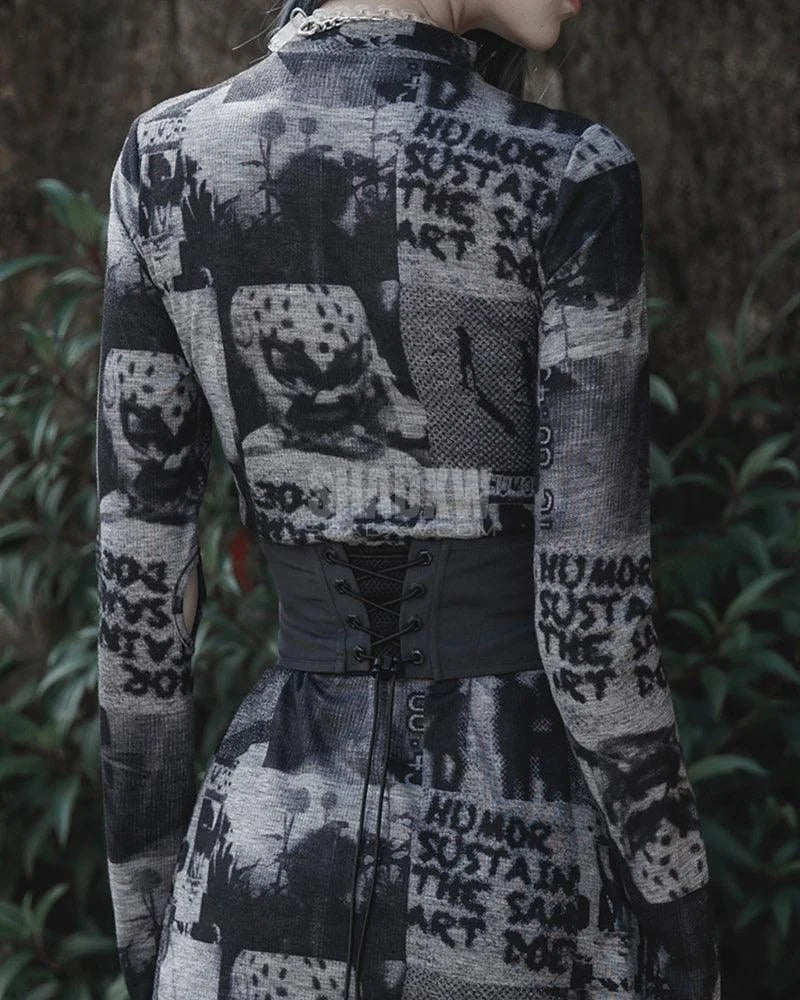 Dark graphic techwear t-shirt with an abstract futuristic print and relaxed urban streetwear silhouette, Clotechnow series 100 — view 9