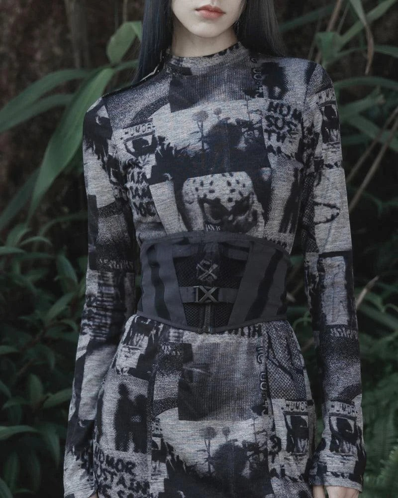 Dark graphic techwear t-shirt with an abstract futuristic print and relaxed urban streetwear silhouette, Clotechnow series 100 — view 7