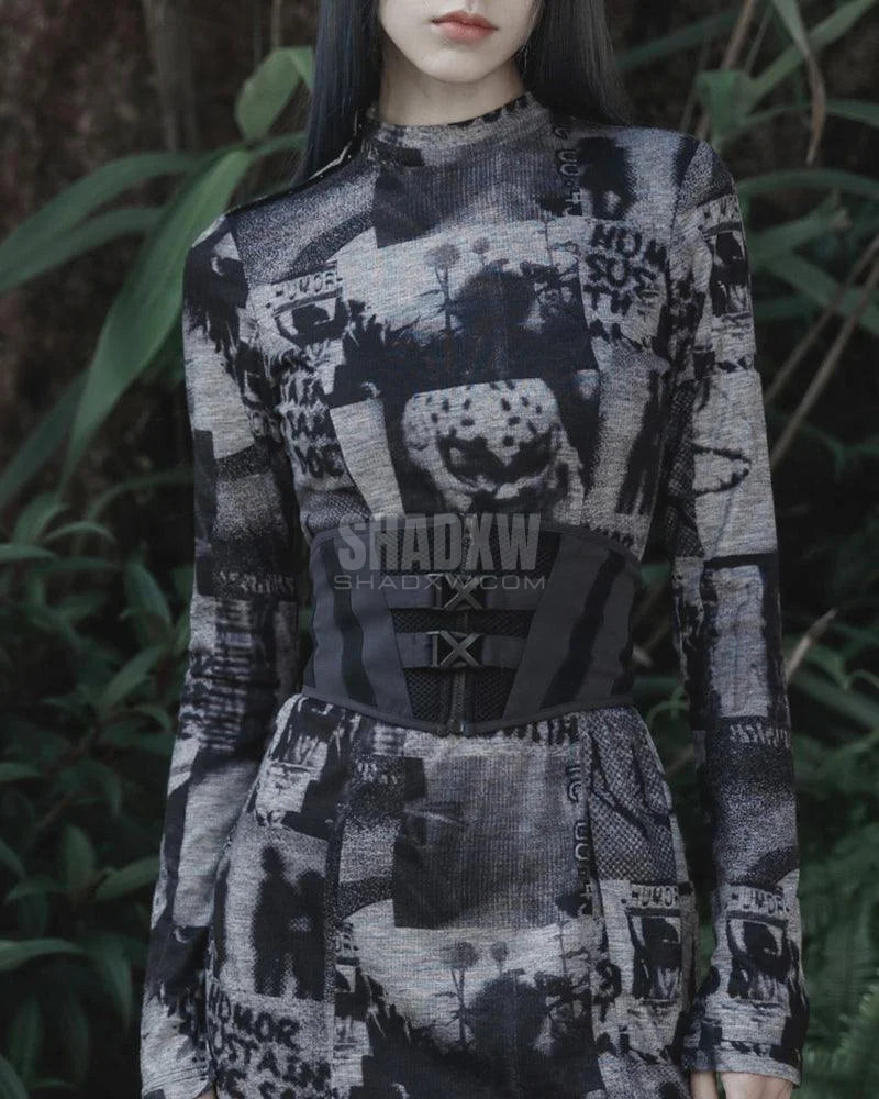 Dark graphic techwear t-shirt with an abstract futuristic print and relaxed urban streetwear silhouette, Clotechnow series 100 — view 7