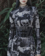 Dark graphic techwear t-shirt with an abstract futuristic print and relaxed urban streetwear silhouette, Clotechnow series 100 — view 7