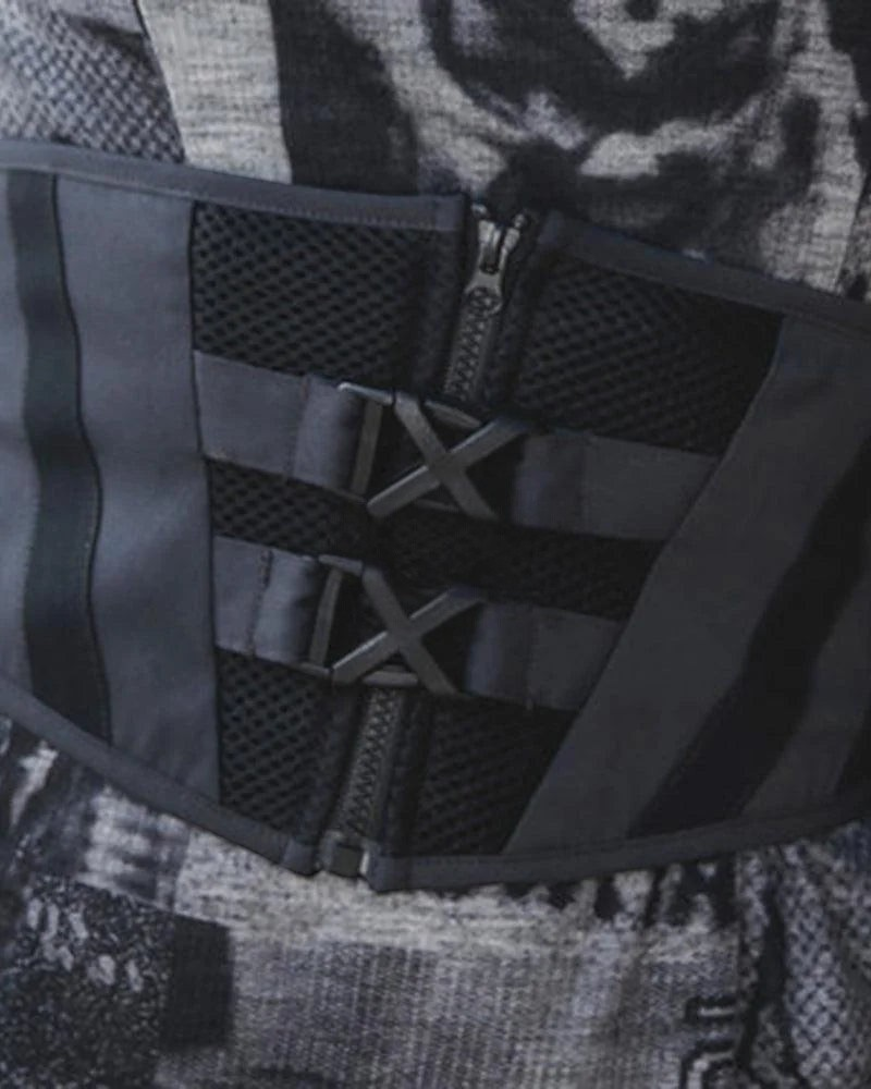 Dark graphic techwear t-shirt with an abstract futuristic print and relaxed urban streetwear silhouette, Clotechnow series 100 — view 6